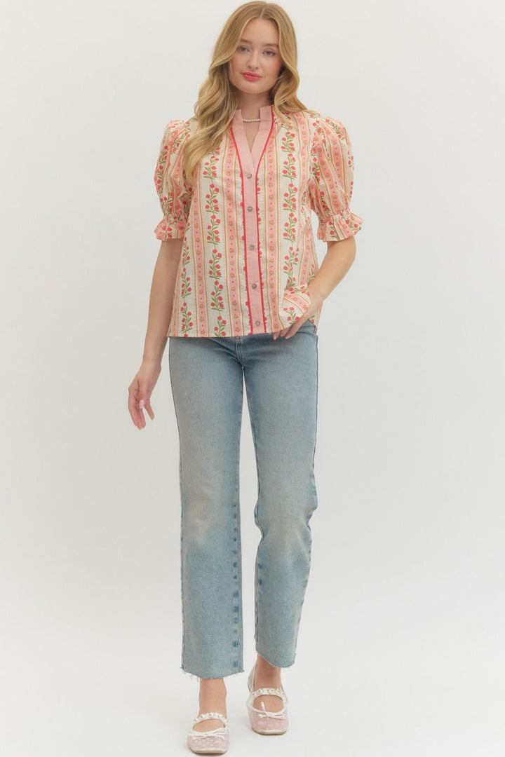Floral Stripe Puff Sleeve Button Front Top - Lush Lemon - Women's Clothing - Entro - 10113521043645