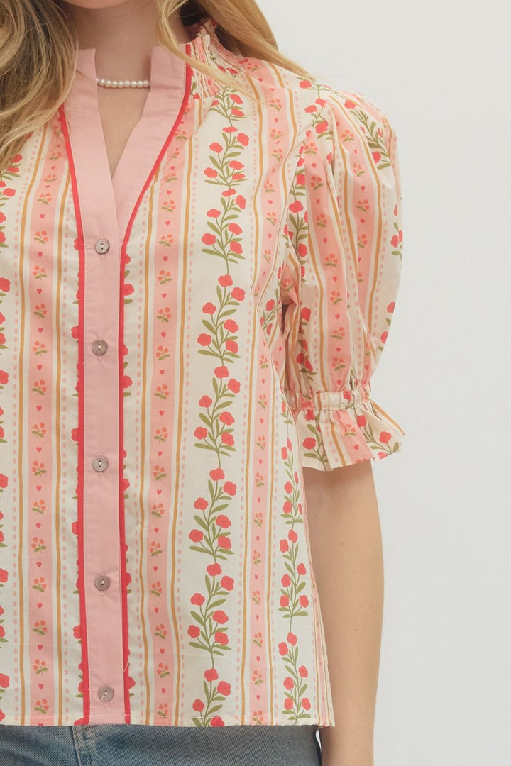 Floral Stripe Puff Sleeve Button Front Top - Lush Lemon - Women's Clothing - Entro - 10113521043645