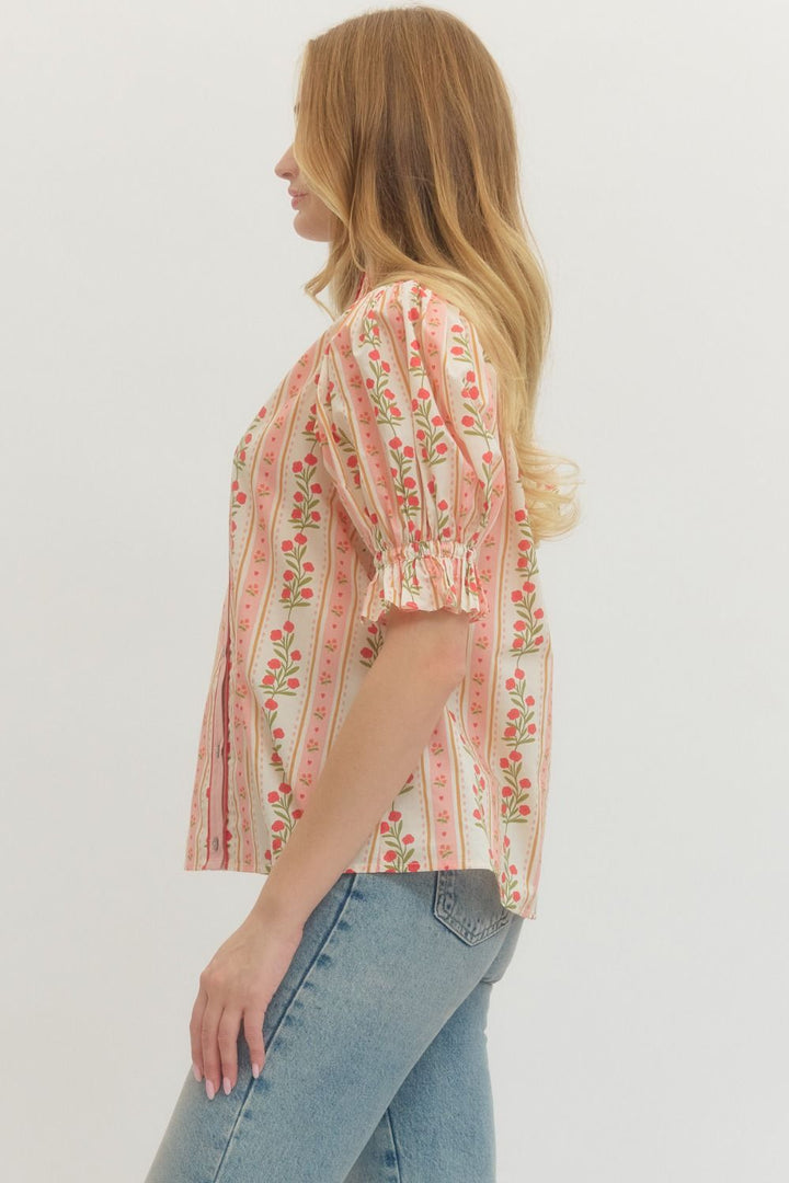 Floral Stripe Puff Sleeve Button Front Top - Lush Lemon - Women's Clothing - Entro - 10113521043645