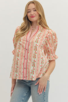 Floral Stripe Puff Sleeve Button Front Top - Lush Lemon - Women&