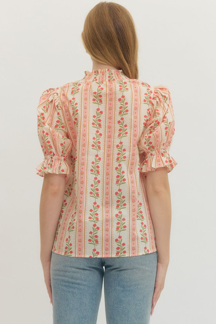 Floral Stripe Puff Sleeve Button Front Top - Lush Lemon - Women's Clothing - Entro - 10113521043645