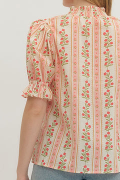 Floral Stripe Puff Sleeve Button Front Top - Lush Lemon - Women&