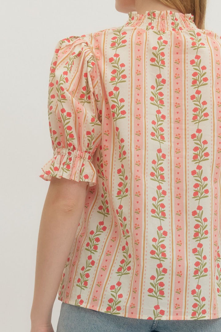 Floral Stripe Puff Sleeve Button Front Top - Lush Lemon - Women's Clothing - Entro - 10113521043645