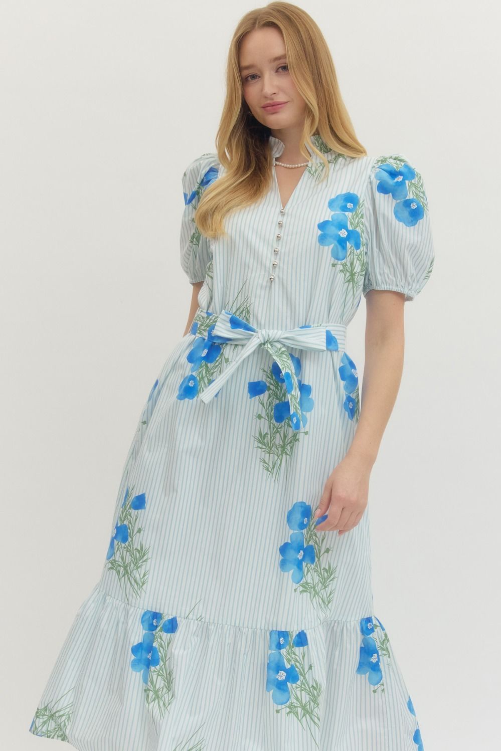 Floral Stripe Puff Sleeve Midi Dress - Lush Lemon - Women's Clothing - Entro - 42287051063357