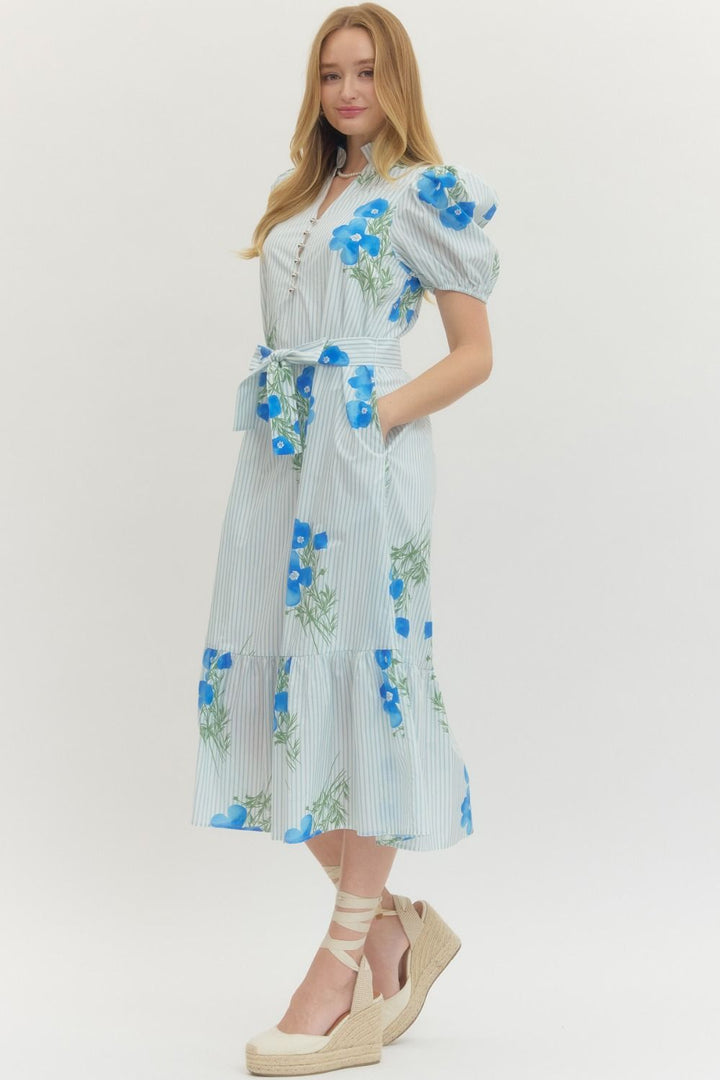 Floral Stripe Puff Sleeve Midi Dress - Lush Lemon - Women's Clothing - Entro - 42287051063357