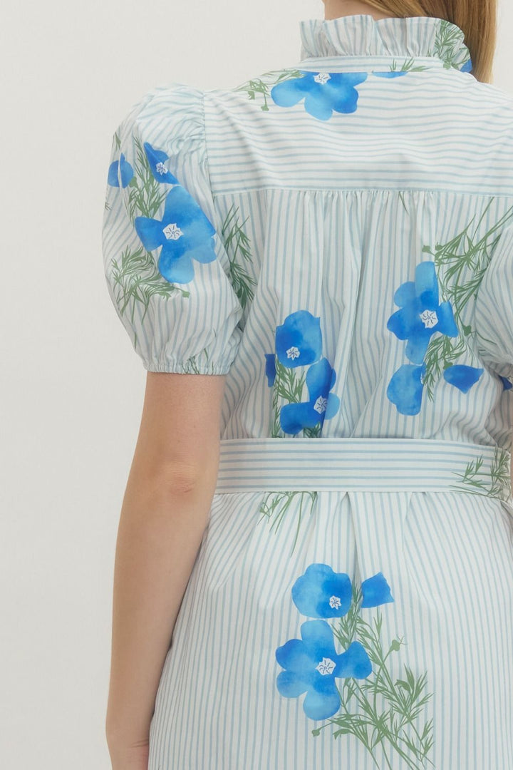 Floral Stripe Puff Sleeve Midi Dress - Lush Lemon - Women's Clothing - Entro - 42287051063357