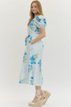 Floral Stripe Puff Sleeve Midi Dress - Lush Lemon - Women&