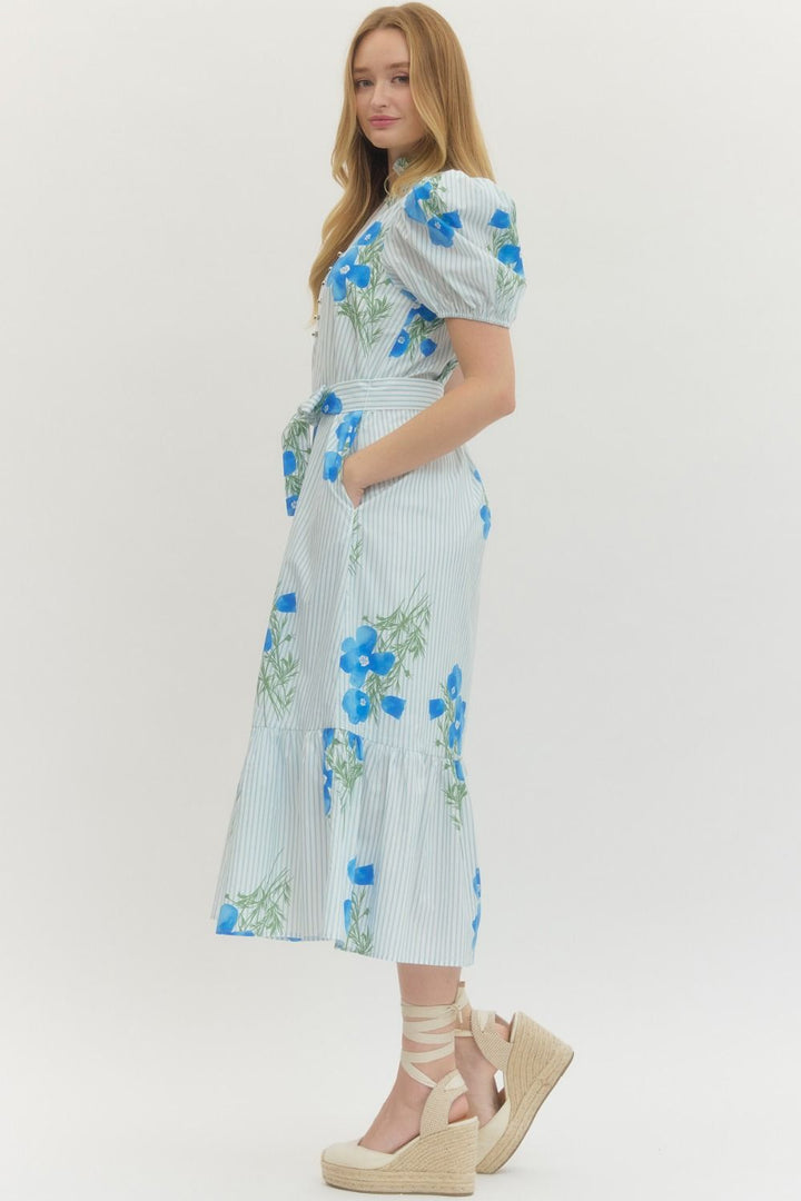 Floral Stripe Puff Sleeve Midi Dress - Lush Lemon - Women's Clothing - Entro - 42287051063357