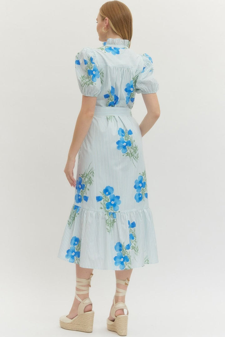 Floral Stripe Puff Sleeve Midi Dress - Lush Lemon - Women's Clothing - Entro - 42287051063357