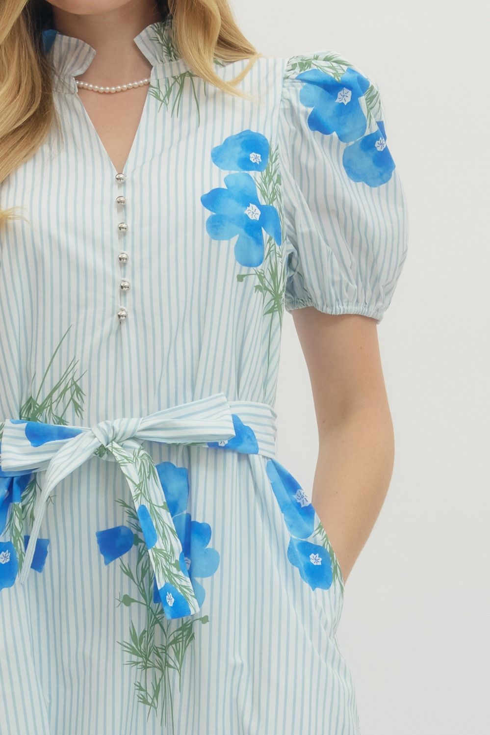 Floral Stripe Puff Sleeve Midi Dress - Lush Lemon - Women's Clothing - Entro - 42287051063357