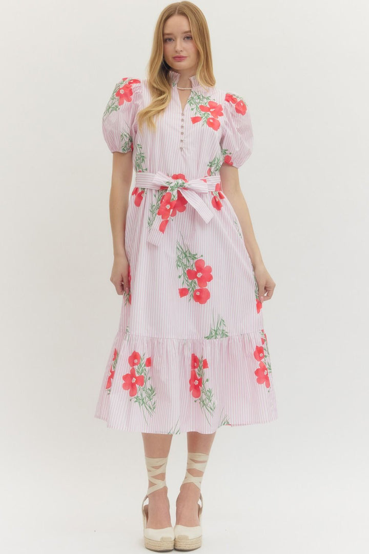 Floral Stripe Puff Sleeve Midi Dress - Lush Lemon - Women's Clothing - Entro - 42287051361661