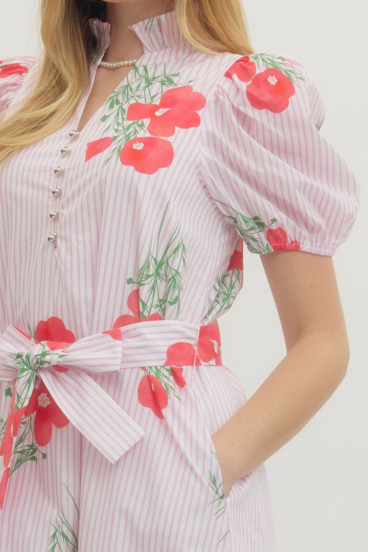 Floral Stripe Puff Sleeve Midi Dress - Lush Lemon - Women's Clothing - Entro - 42287051361661