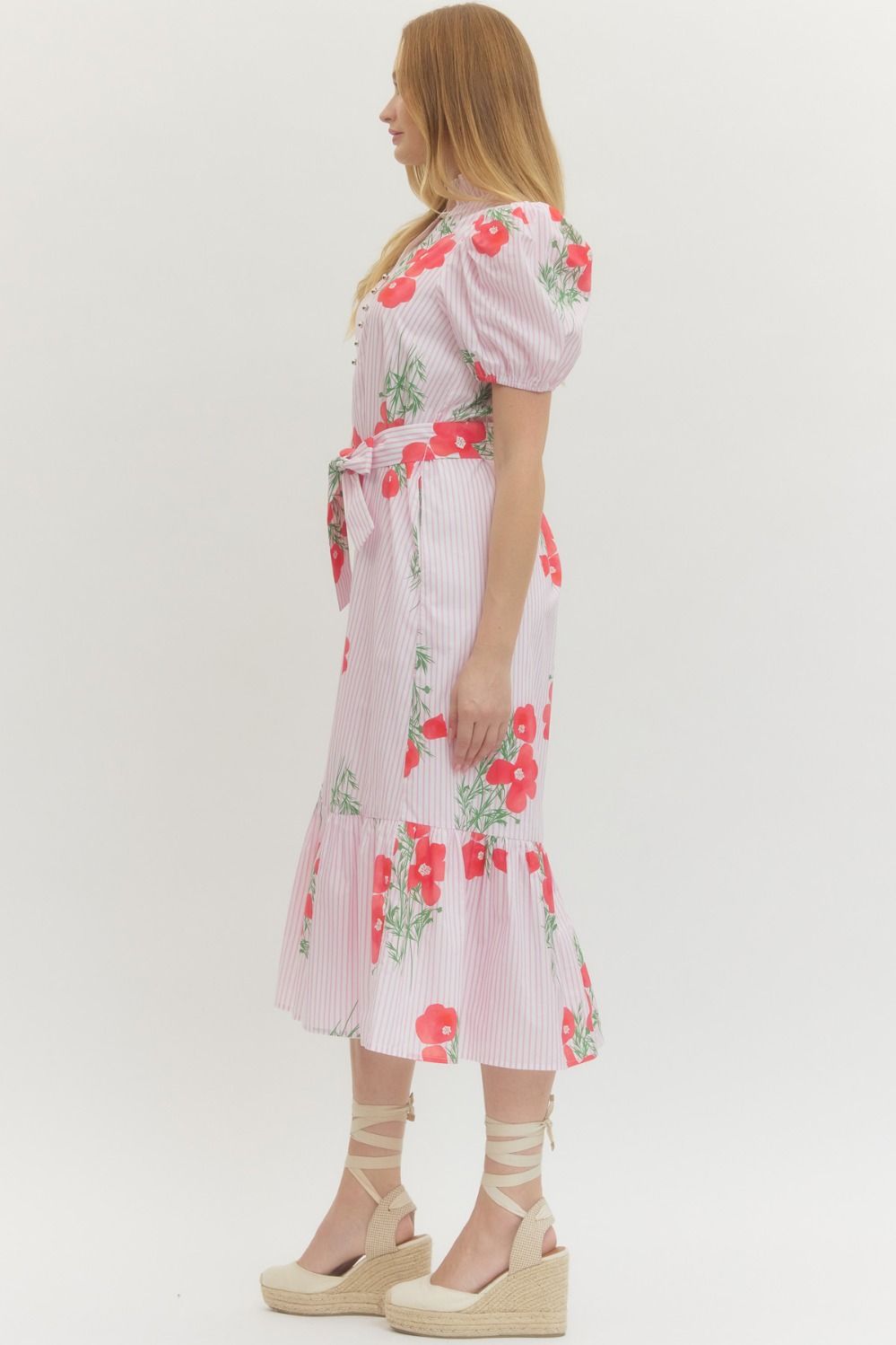 Floral Stripe Puff Sleeve Midi Dress - Lush Lemon - Women's Clothing - Entro - 42287051361661