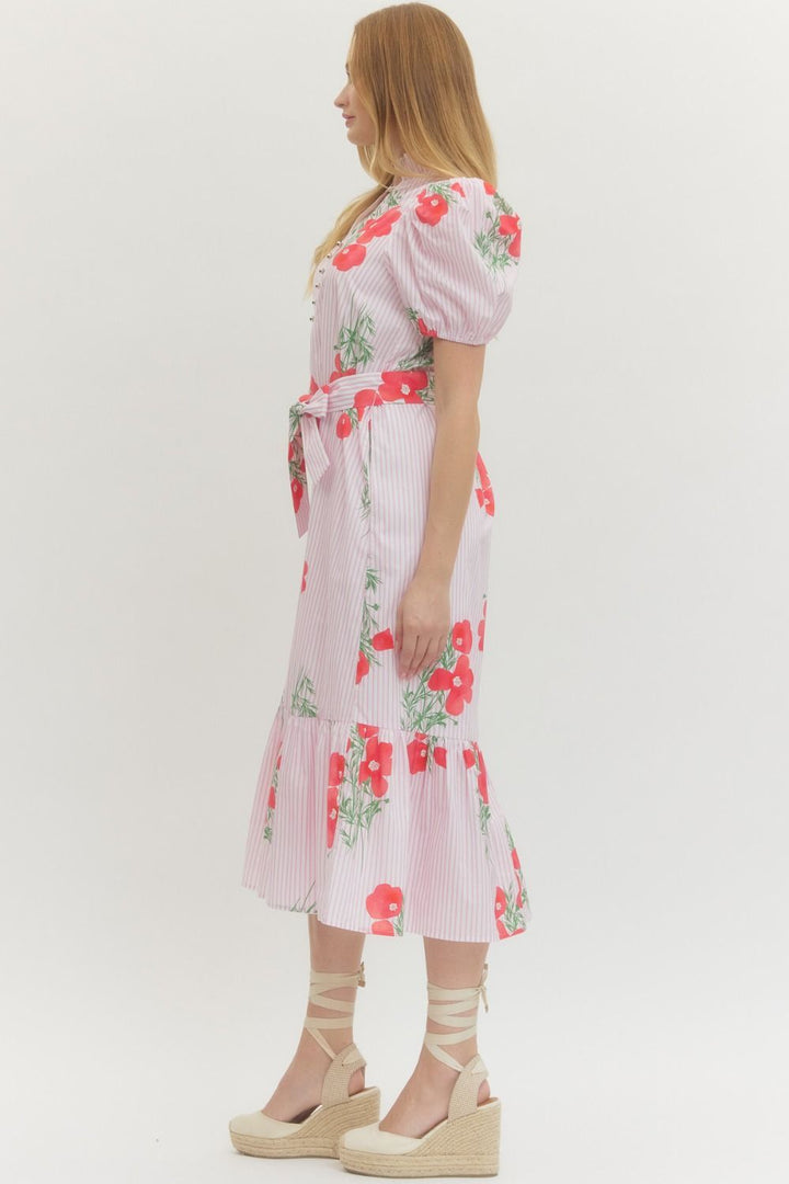 Floral Stripe Puff Sleeve Midi Dress - Lush Lemon - Women's Clothing - Entro - 42287051361661