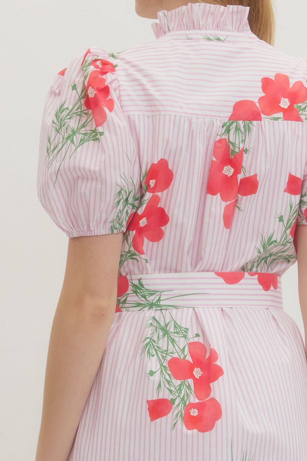 Floral Stripe Puff Sleeve Midi Dress - Lush Lemon - Women's Clothing - Entro - 42287051361661