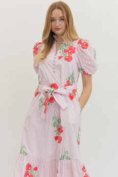 Floral Stripe Puff Sleeve Midi Dress - Lush Lemon - Women&