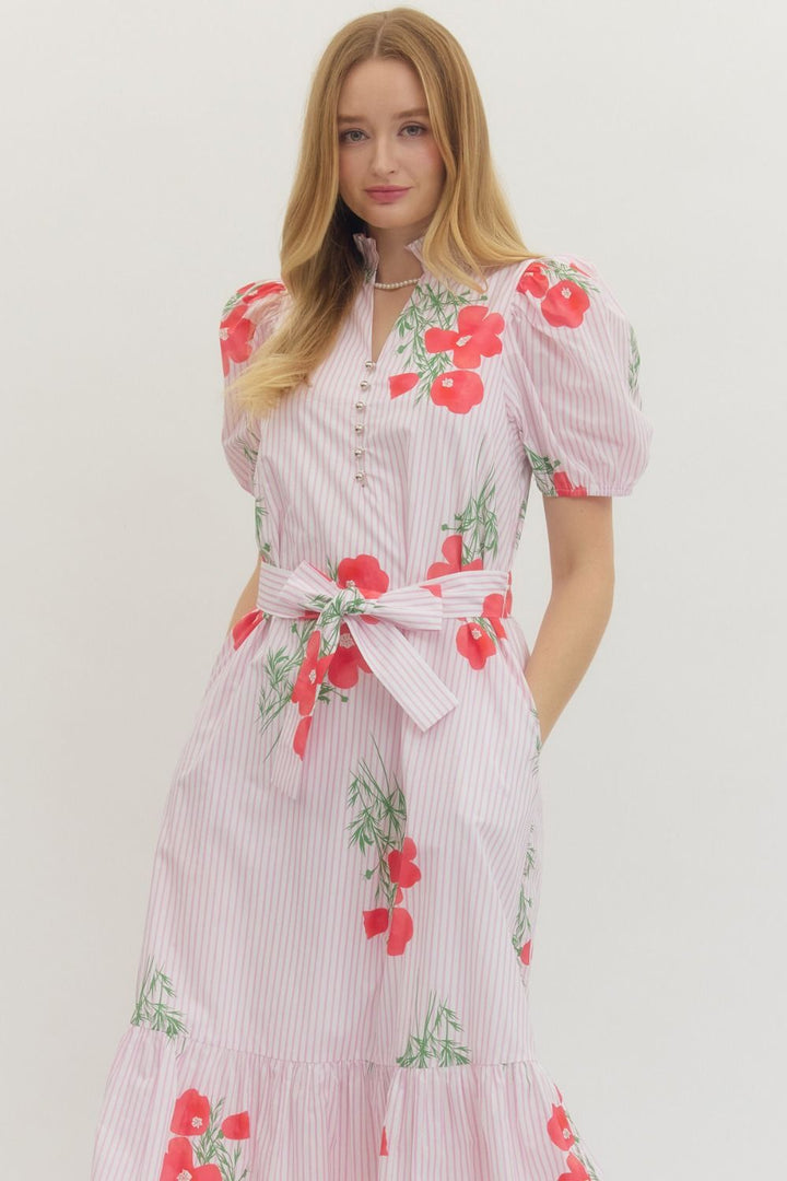 Floral Stripe Puff Sleeve Midi Dress - Lush Lemon - Women's Clothing - Entro - 42287051361661