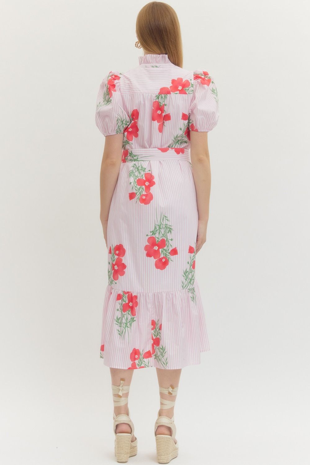 Floral Stripe Puff Sleeve Midi Dress - Lush Lemon - Women's Clothing - Entro - 42287051361661