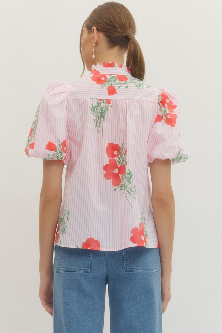 Floral Stripe Puff Sleeve Top - Lush Lemon - Women's Clothing - Entro - 80474601081757