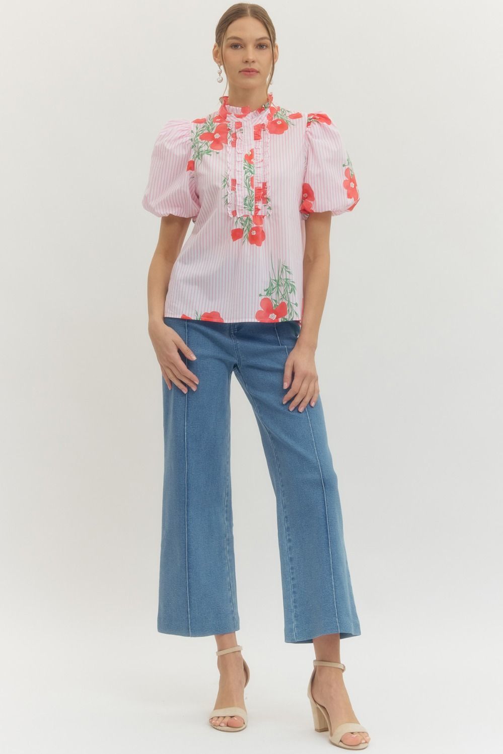 Floral Stripe Puff Sleeve Top - Lush Lemon - Women's Clothing - Entro - 80474601081757