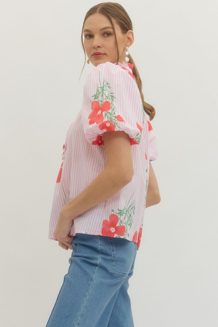 Floral Stripe Puff Sleeve Top - Lush Lemon - Women's Clothing - Entro - 80474601081757