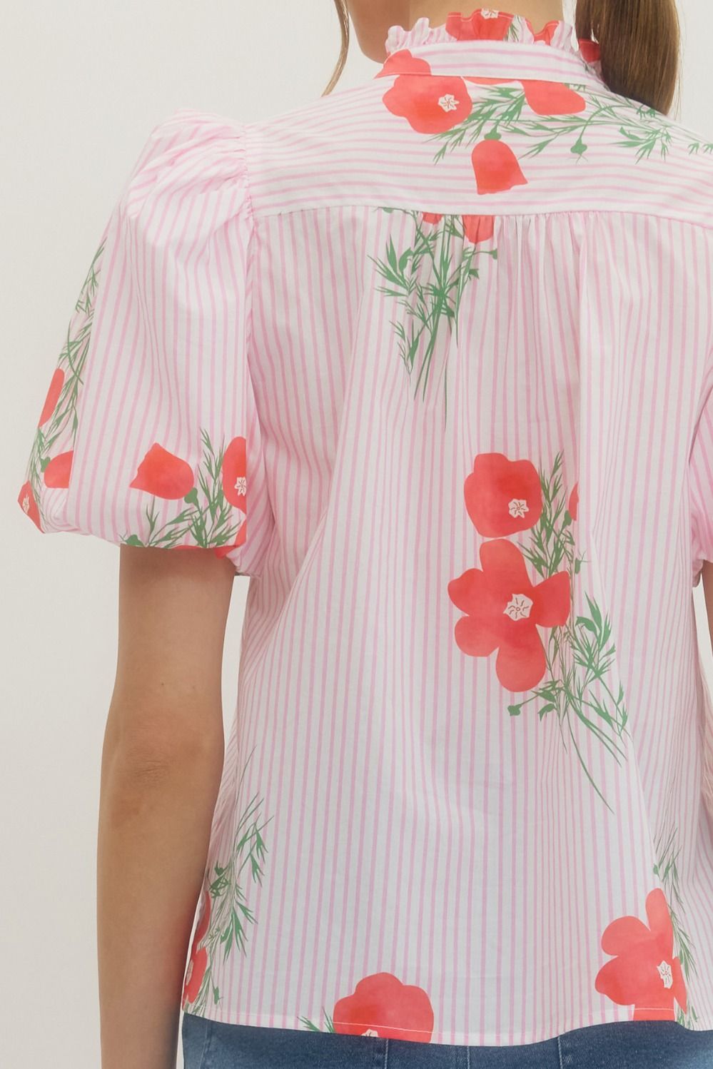 Floral Stripe Puff Sleeve Top - Lush Lemon - Women's Clothing - Entro - 80474601081757