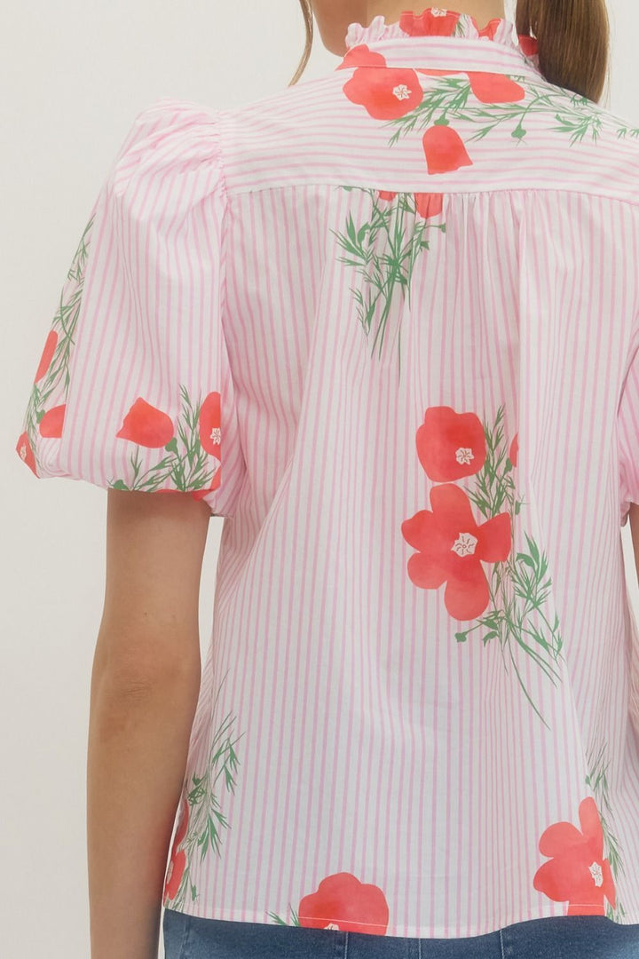 Floral Stripe Puff Sleeve Top - Lush Lemon - Women's Clothing - Entro - 80474601081757
