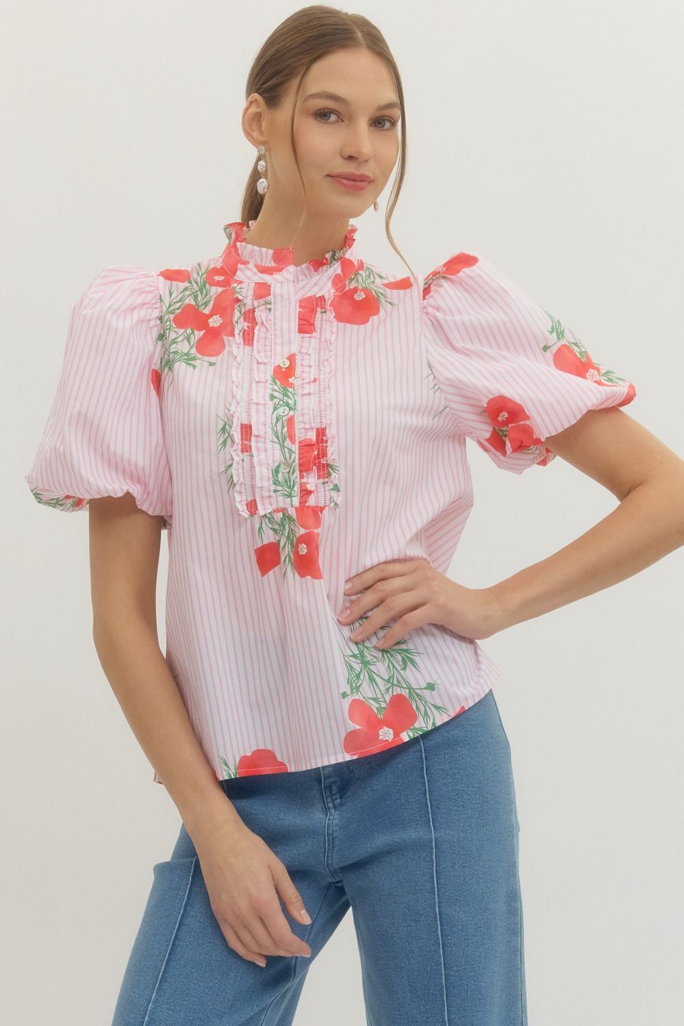 Floral Stripe Puff Sleeve Top - Lush Lemon - Women's Clothing - Entro - 80474601081757