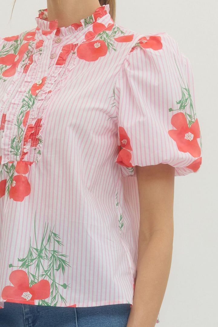 Floral Stripe Puff Sleeve Top - Lush Lemon - Women's Clothing - Entro - 80474601081757