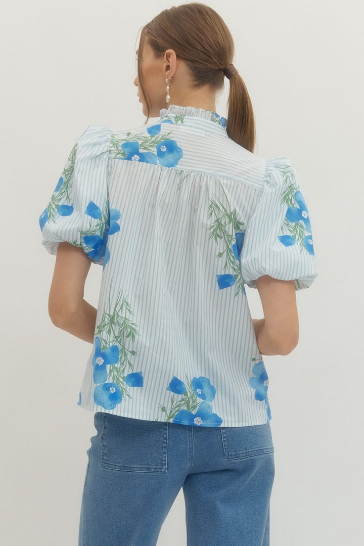 Floral Stripe Puff Sleeve Top - Lush Lemon - Women's Clothing - Entro - 