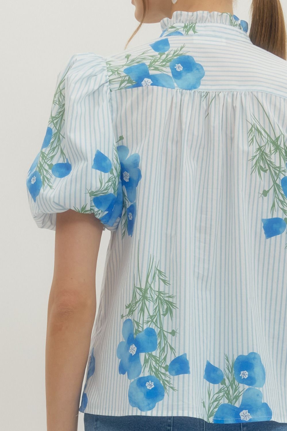 Floral Stripe Puff Sleeve Top - Lush Lemon - Women's Clothing - Entro - 