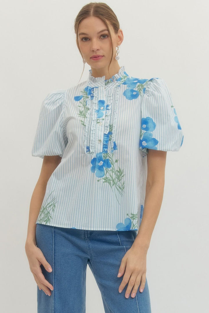 Floral Stripe Puff Sleeve Top - Lush Lemon - Women's Clothing - Entro - 