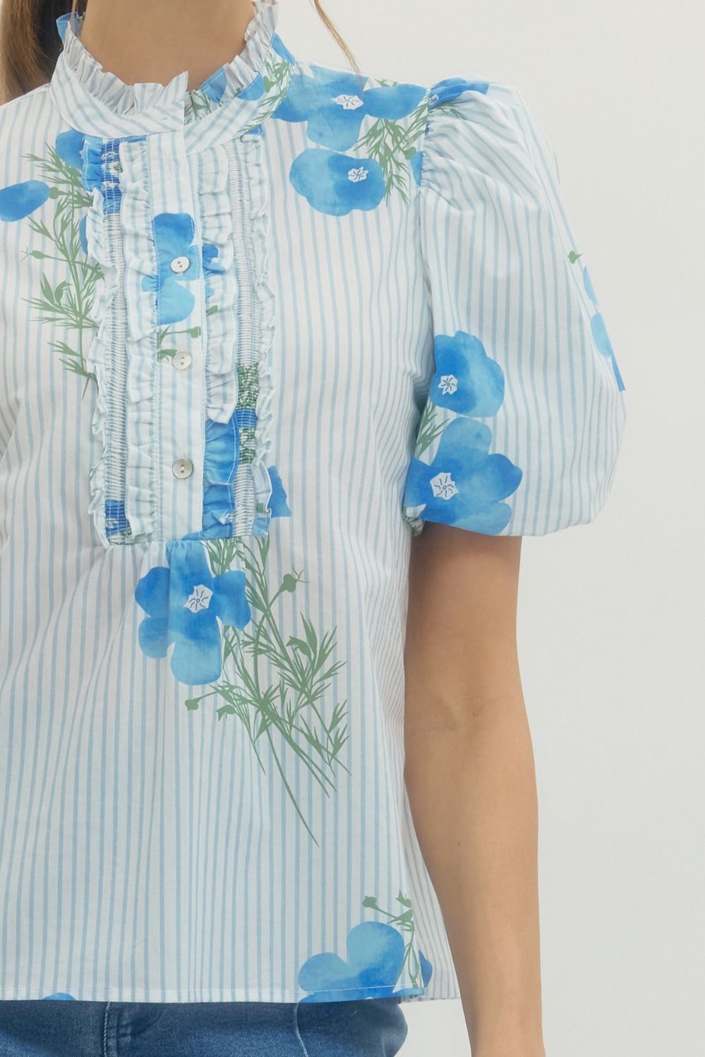 Floral Stripe Puff Sleeve Top - Lush Lemon - Women's Clothing - Entro - 