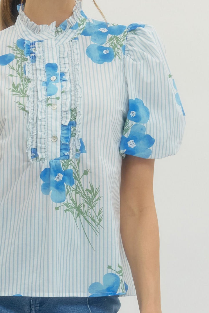 Floral Stripe Puff Sleeve Top - Lush Lemon - Women's Clothing - Entro - 