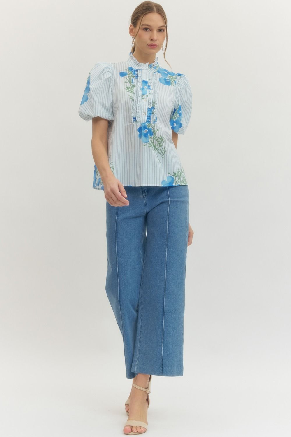 Floral Stripe Puff Sleeve Top - Lush Lemon - Women's Clothing - Entro - 
