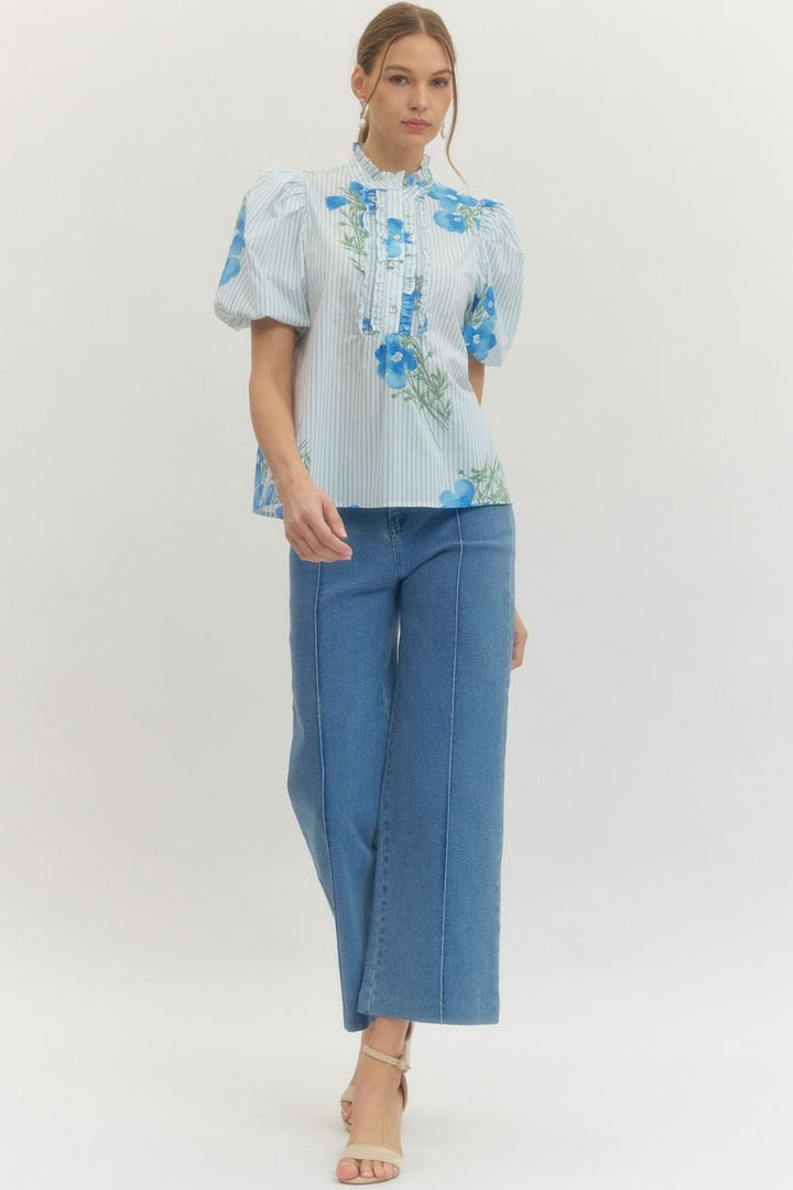 Floral Stripe Puff Sleeve Top - Lush Lemon - Women's Clothing - Entro - 