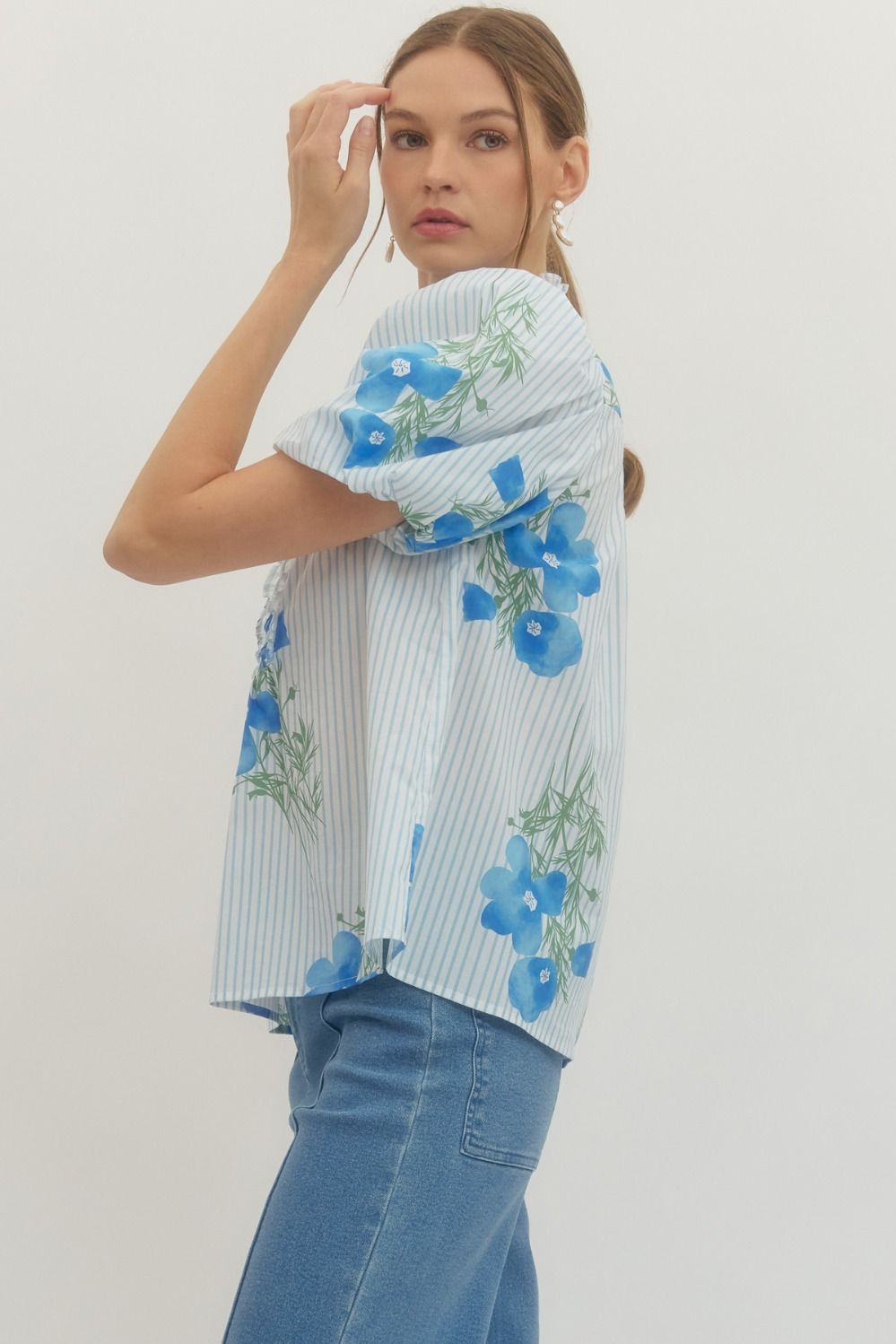 Floral Stripe Puff Sleeve Top - Lush Lemon - Women's Clothing - Entro - 