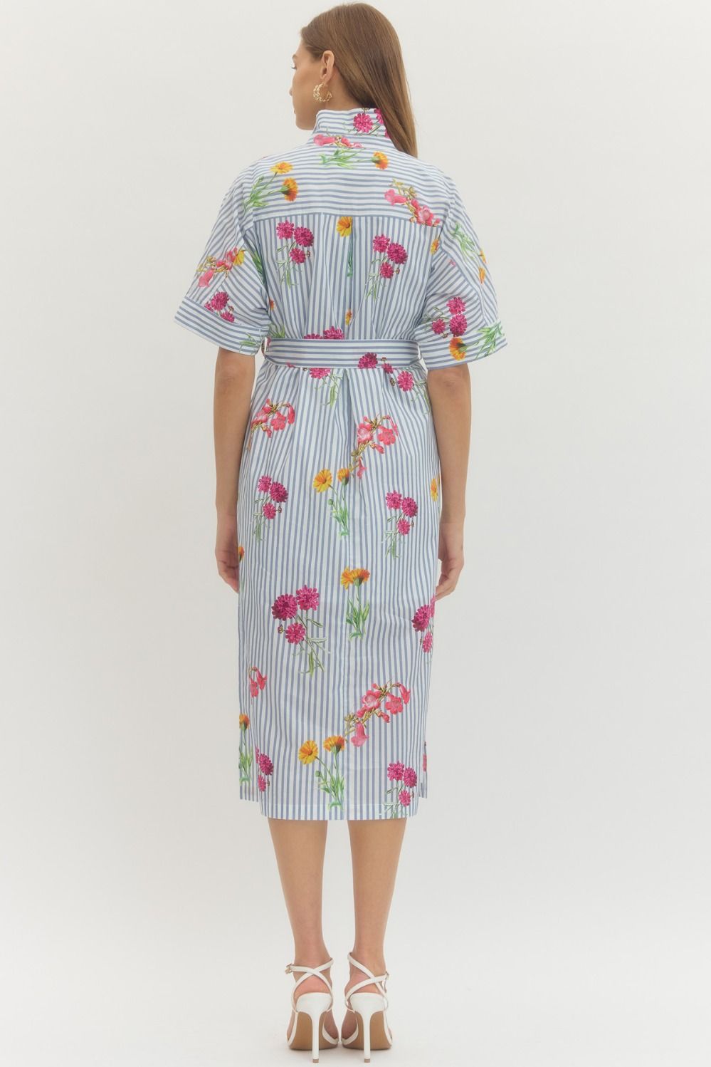 Floral Stripe Short Sleeve Midi Dress - Lush Lemon - Women's Clothing - Entro - 37403651056701