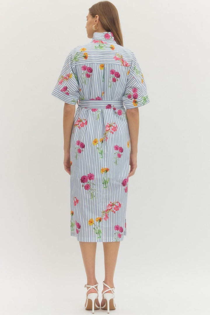 Floral Stripe Short Sleeve Midi Dress - Lush Lemon - Women's Clothing - Entro - 37403651056701