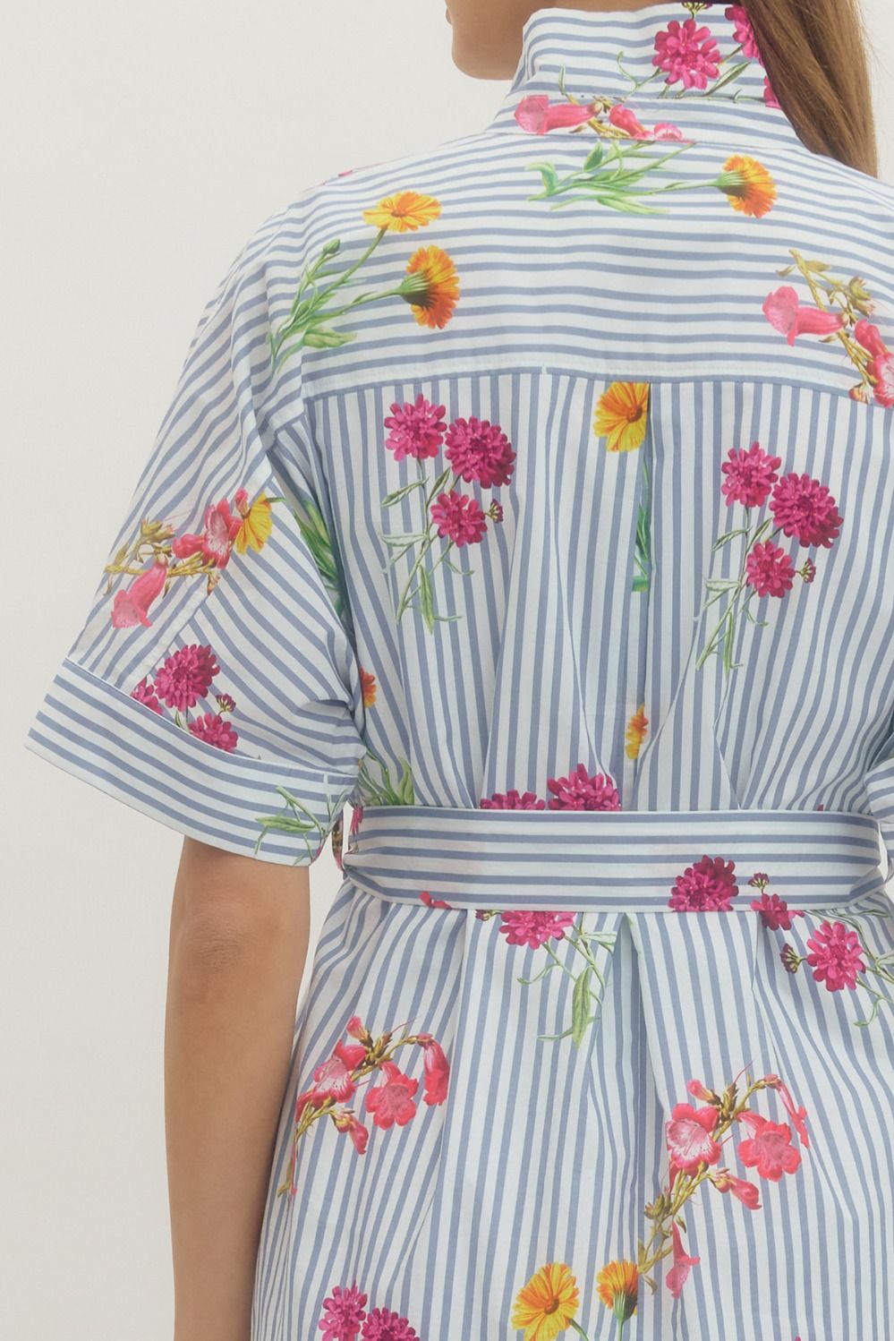 Floral Stripe Short Sleeve Midi Dress - Lush Lemon - Women's Clothing - Entro - 37403651056701