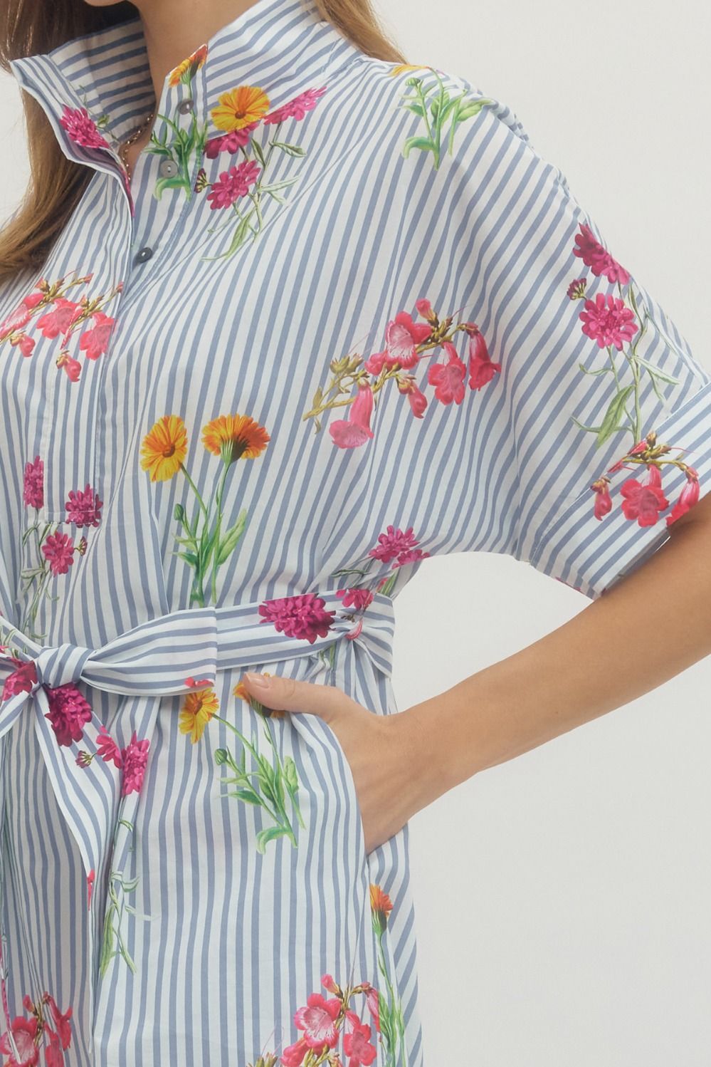 Floral Stripe Short Sleeve Midi Dress - Lush Lemon - Women's Clothing - Entro - 37403651056701