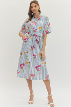 Floral Stripe Short Sleeve Midi Dress - Lush Lemon - Women&