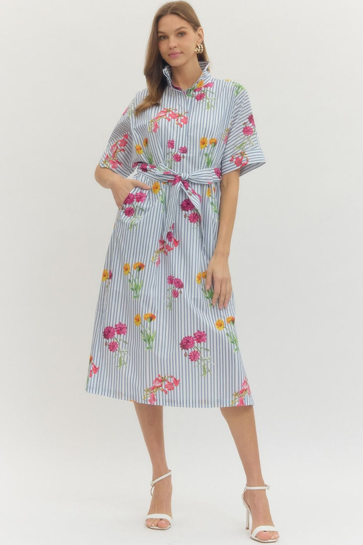 Floral Stripe Short Sleeve Midi Dress - Lush Lemon - Women's Clothing - Entro - 37403651056701