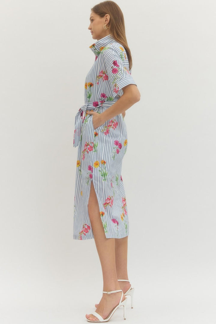 Floral Stripe Short Sleeve Midi Dress - Lush Lemon - Women's Clothing - Entro - 37403651056701