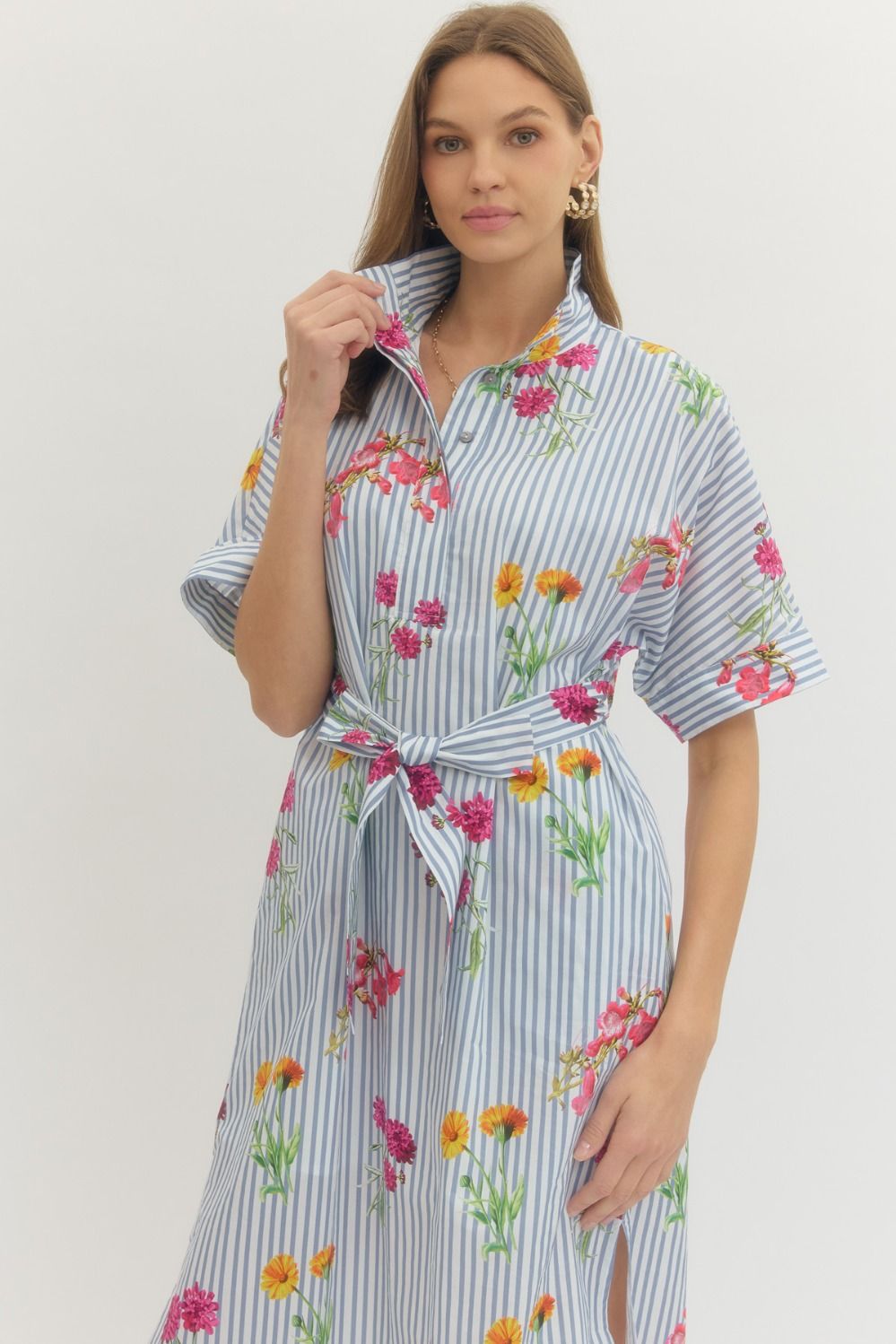 Floral Stripe Short Sleeve Midi Dress - Lush Lemon - Women's Clothing - Entro - 37403651056701