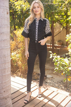 Floral Textured Contrast Print Button - Up Shirt - Lush Lemon - Women&