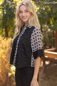 Floral Textured Contrast Print Button - Up Shirt - Lush Lemon - Women&