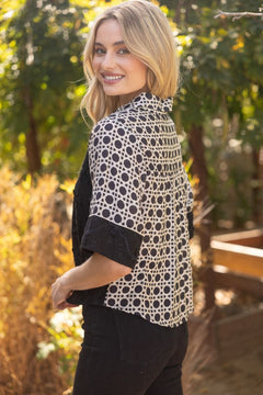Floral Textured Contrast Print Button - Up Shirt - Lush Lemon - Women&