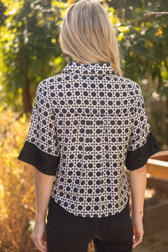 Floral Textured Contrast Print Button - Up Shirt - Lush Lemon - Women&