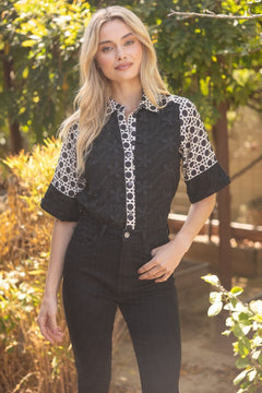 Floral Textured Contrast Print Button - Up Shirt - Lush Lemon - Women&